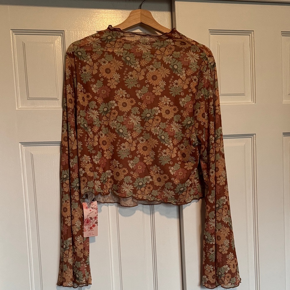 SHEIN Brown Floral Mesh Long Sleeve Crop Top